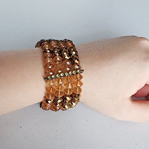 Wide Amber Beaded Stretch Bracelet in Copper, Brown, Orange - Picture 3 of 6